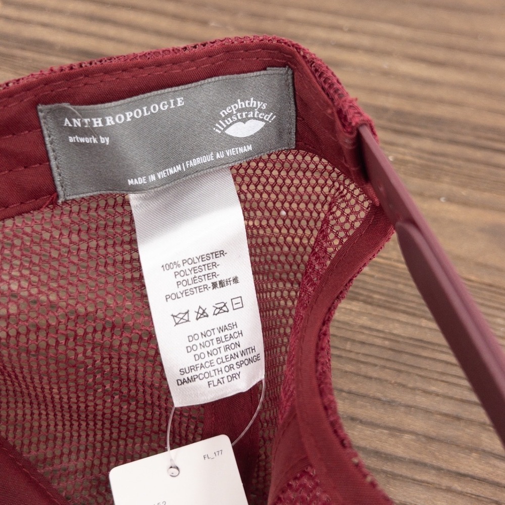 Anthropologie Nephthys Illustrated Sleighbell Spritz Trucker Hat Burgundy NWT - Picture 6 of 6